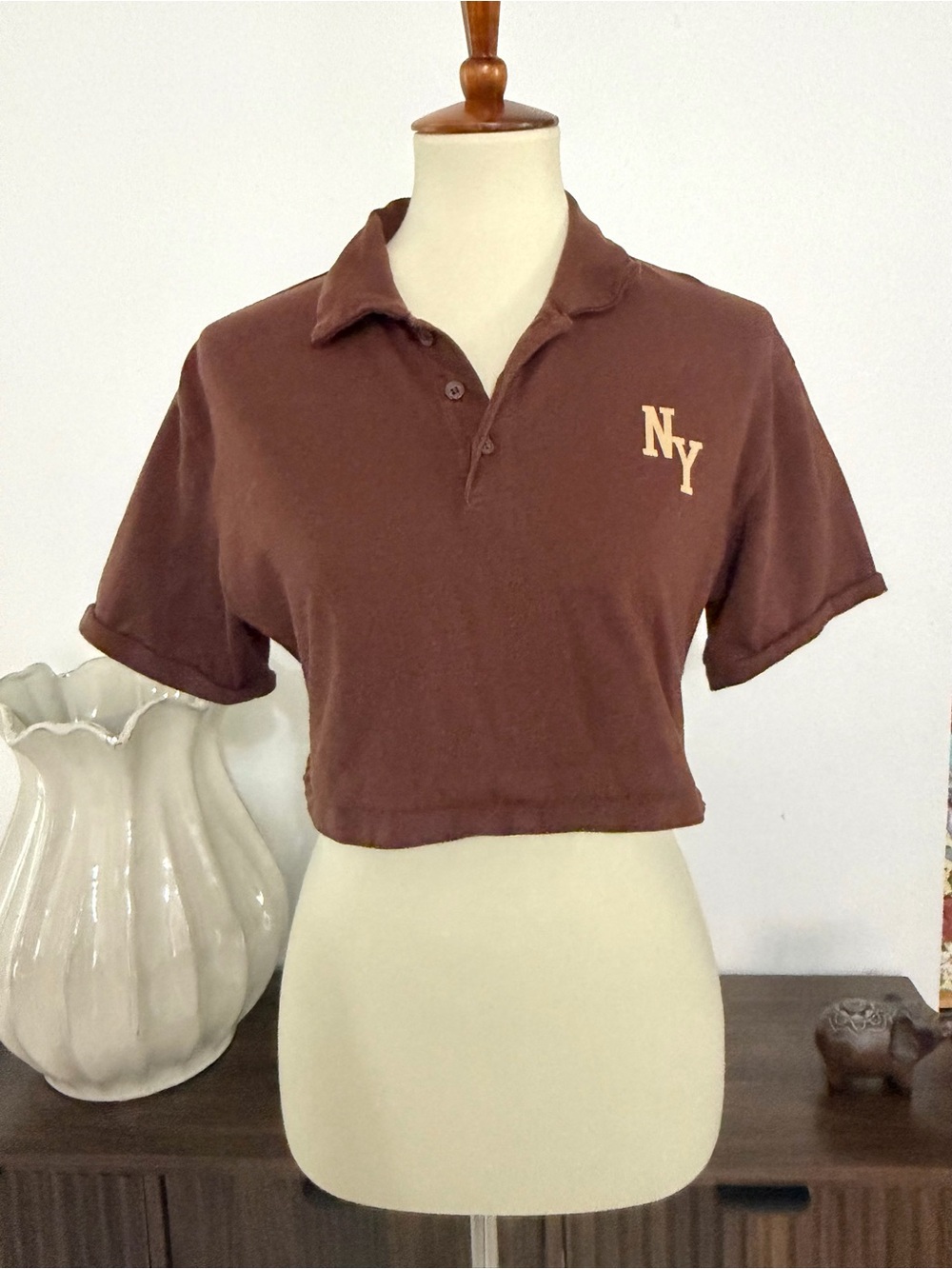 Forever 21 Brown NY Cropped Polo Top